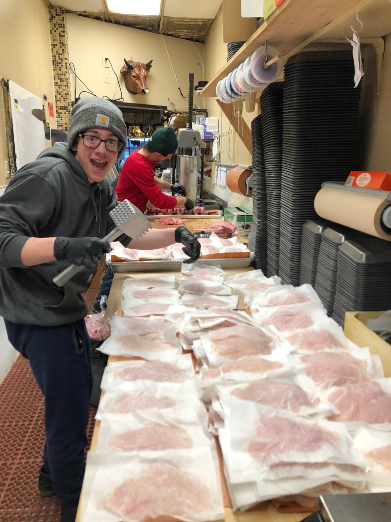 Logan became proficient at making thin cut, papered and pounded chicken cutlets.