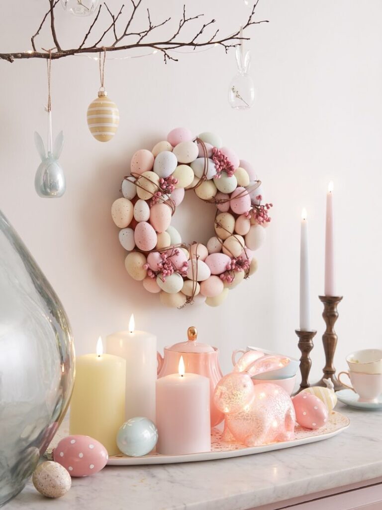 Easter hallway decorations,Easter entryway table ideas,pastel Easter decorations