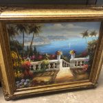 Large Wall Art In Ornate Frame / Artwork With Seaside Terrace / Oil Painting – 58441 – $29